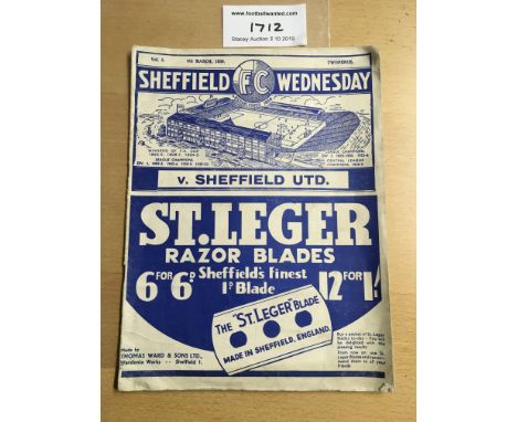 38/39 Sheffield Wednesday v Sheffield United Football Programme: Dated 4 3 1939 in excellent condition with no team changes.