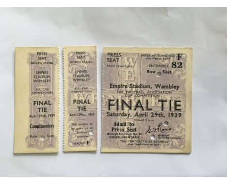 1939 FA Cup Final Complimentary Football Ticket: Portsmouth v Wolves press ticket which are the same as a standard ticket wit