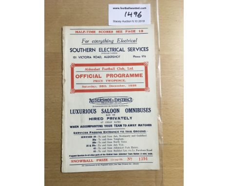 35/36 Aldershot v Exeter City Football Programme: Dated 28 12 1935 in good condition with no team changes. Ex bound with spli