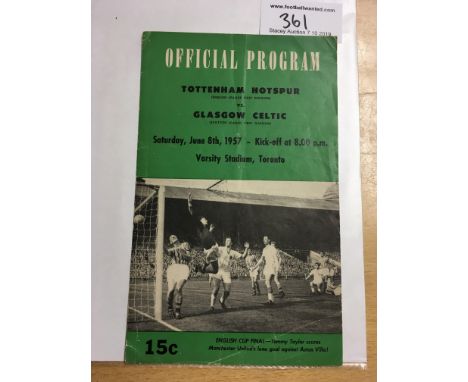 1957 Celtic v Tottenham Canada Tour Football Programme: Dated 8 6 1957 Played in Toronto. No writing. Fold.