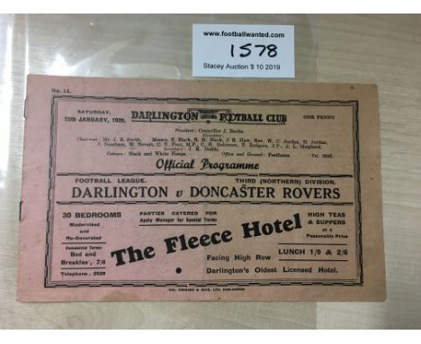 38/39 Darlington v Doncaster Rovers Football Programme: Dated 28 1 1939 in very good condition with no team changes. Fold.