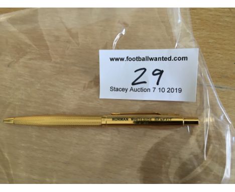 Norman Whiteside Testimonial Gift + Memorabilia: A gold coloured pen given to physio Jim McGregor for participation in Whites