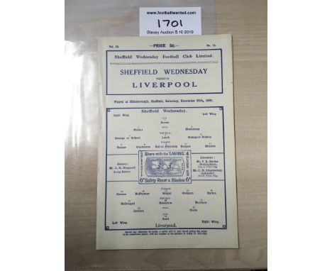 31/32 Sheffield Wednesday v Liverpool Football Programme: Dated 26 12 1931 in excellent condition with no team changes. Ex bo