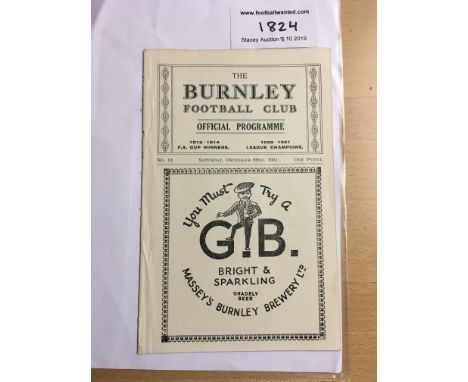 34/35 Burnley v Newcastle United Football Programme: Dated 22 12 1934  in very good condition with no team changes. Staples r