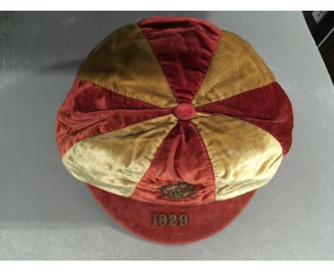 Ted Hufton West Ham + England International Football Cap: Red and cream cap with 1929 to peak. Issued to goalkeeper Ted Hufto