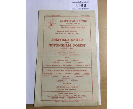 41/42 Sheffield United v Nottingham Forest Football Programme: Dated 3 1 1942 in very good condition with no team changes. Li