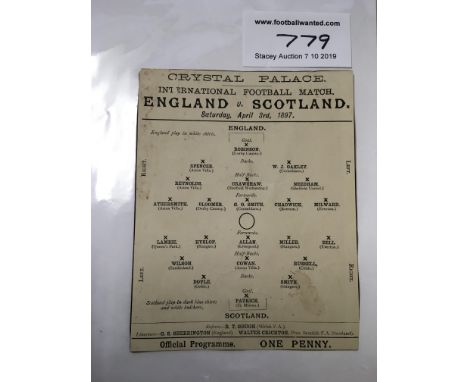 1897 England v Scotland Football Programme: Good condition card programme played at Crystal Palace. Full International has no