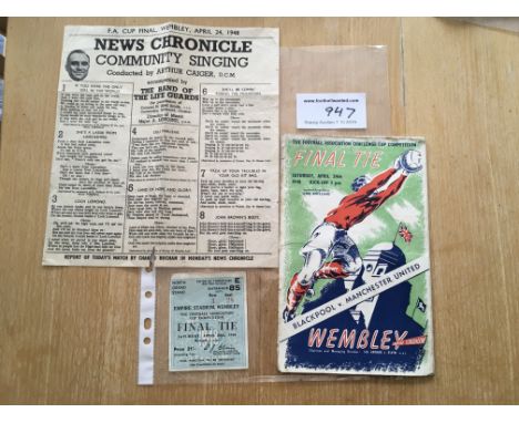 1948 FA Cup Final Football Programme Ticket + Song Sheet: Blackpool v Manchester United programme has rusty staples folding a