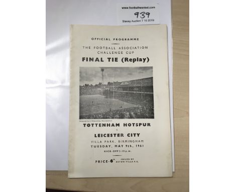 Rare 1961 FA Cup Final Replay Football Programme: Tottenham v Leicester City to be played at Villa Park on Tuesday 9th May. T