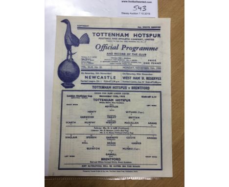 50/51 Tottenham V Brentford LCC Football Programme: Very good condition single sheet for the London Challenge Cup Semi Final 