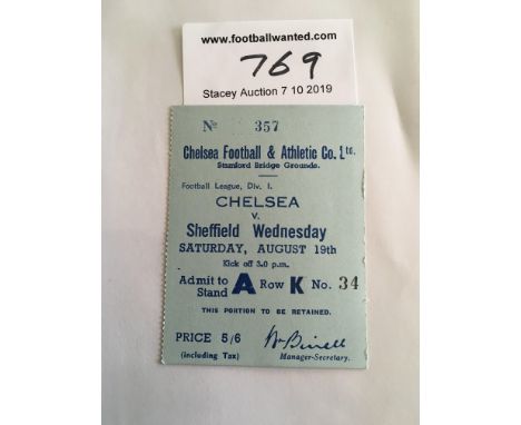 50/51 Chelsea v Sheffield Wednesday Football Ticket: Excellent condition dated 19 8 1950 for the League match.