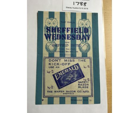 44/45 Sheffield Wednesday v Sheffield United Cup Final Football Programme: Dated 26 5 1945 in good condition with team change