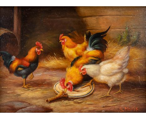 A decorative painting 'Chickens' oil on panel. Signed S. Maris.Dimensions:(W:17,5 x H:12,5 cm)