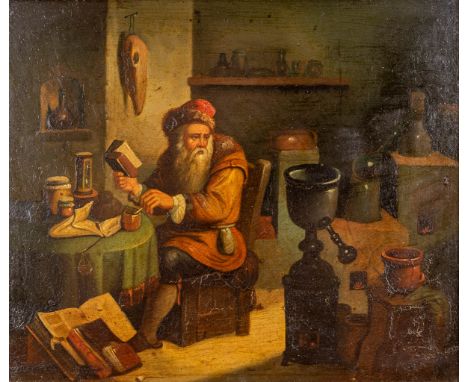 A decorative painting 'The Alchemist' Flemish school. oil on panel.Dimensions:(W:26 x H:22 cm)