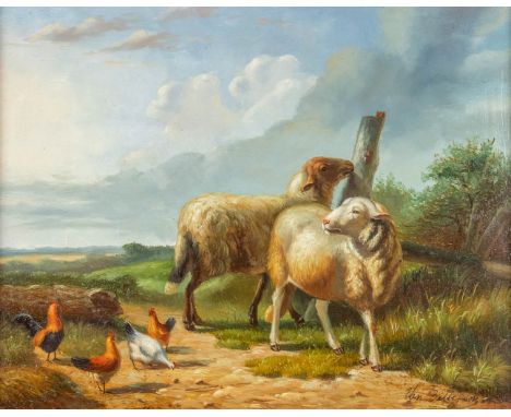 Sheep and chicken, a decorative painting, oil on panel. Signed Van Bellegem.Dimensions:(W:25 x H:20 cm)