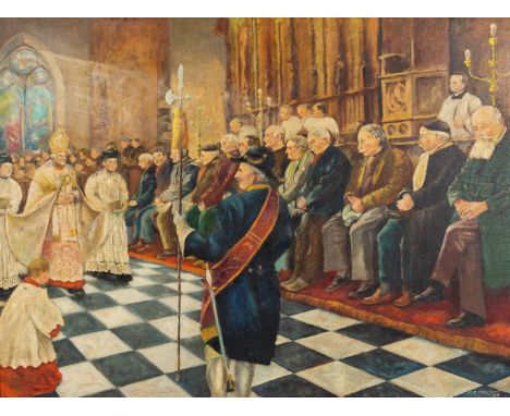 A painting 'Entry&nbsp;in the church', oil on panel. Signed P.M. Vieusart. 1937.Dimensions:(W:110 x H:81 cm)