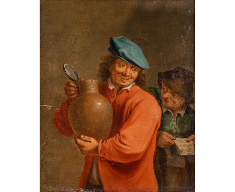 Man with a pitcher, an antique painting, oil on panel. In the style of Adriaen Van OstadeDimensions:(W:22 x H:25 cm)