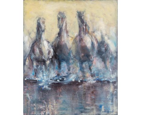 Betty VERDONCK (XX) 'Running Horses'A paiting, oil on panelSigned and dated:&nbsp;2001.&nbsp;Dimensions:(W:49,5 x H:60 cm)
