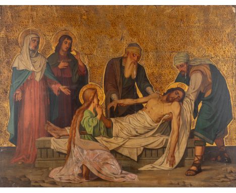 Station 14, Jesus is being laid in the Tomb, a painting, mixed media on panel.&nbsp;Dimensions:(W:93 x H:72 cm)
