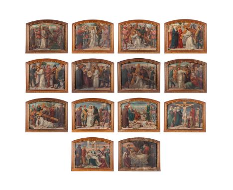 An antique 14-piece stations of the corss, oil on copper. Circa 1900.Condition: Overall good condition. Some frames with ligh