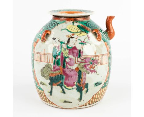 A Chinese porcelain pitcher or teapot, with a double decor of a lady on a foo dog. 19th century.&nbsp;Dimensions:(H:20 x D:18