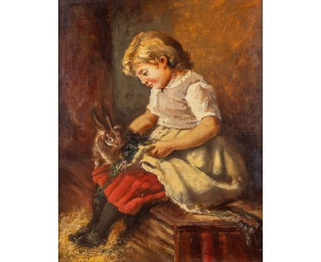 A decorative painting, 'Girl with a rabbit' oil on panel. Signed lower right.Dimensions:(W:24 x H:30 cm)