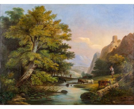A landscape with trees, mountains and cattle, oil on panel.18th/19th century.&nbsp;Monogrammed B.K.F.&nbsp;Dimensions:(W:53 x