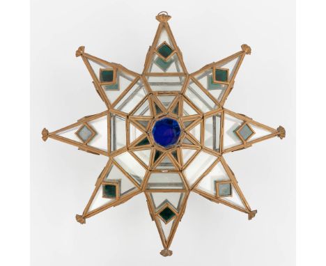 An antique hanging light fixture, decorated with stained glass in the shape of a star.&nbsp;Dimensions:(D:17 x W:42 x H:42 cm