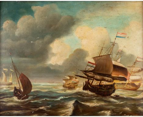 Ida CALZOLARI (1936) A Dutch marine battle on a rough sea, a decorative paintings oil on panel.&nbsp;Signed Calzolari lower l