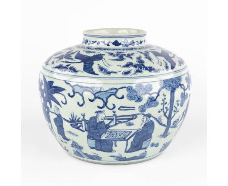 A Chinese jar, blue-white glaze of cranes, figurines and trees.After Ming, The first half of the 20th century.&nbsp;Dimension