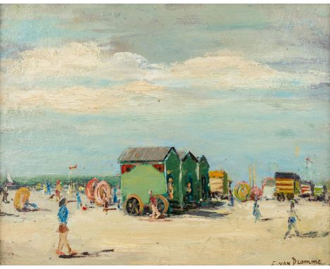 Emiel VAN DROMME (1913-1998) 'Summer beach'Signed on the back&nbsp;'De Panne - Strand'a painting, oil on panel.&nbsp;Signed l