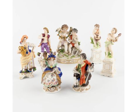 Seven pieces of polychrome porcleain figurines, 19th and 20th century.&nbsp;Marks for&nbsp;Scheibe-Alsbach, Marked R 1762, ma