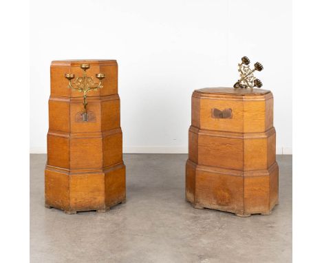 A pair of large pedestals on multiple levels with a candle holder.The first half of the 20th century.&nbsp;Dimensions:(D:54 x