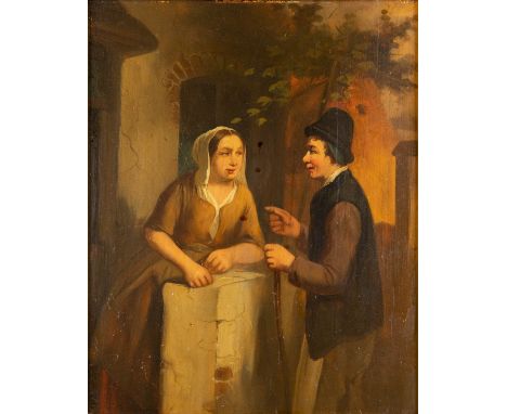 An antique painting 'The Conversation' oil on panel. Probably UK, not signed.19th century.Dimensions:(W:21 x H:25 cm)