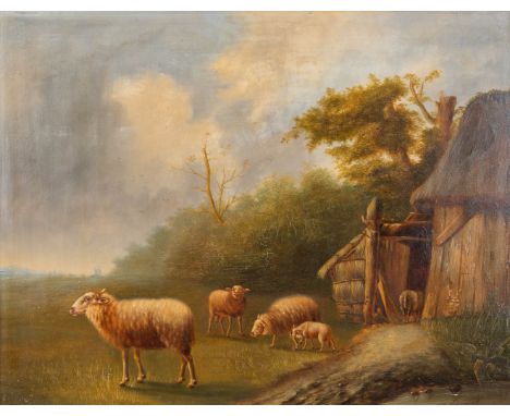P.J. NEUMANS (XX) 'Sheep in front of a stable'A painting, oil on panel.Dimensions:(W:63 x H:49 cm)