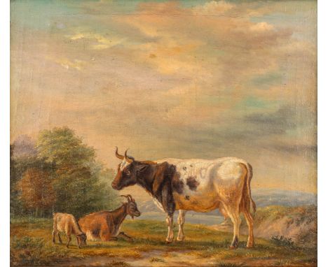 Charles DESAN (XIX) 'Cow and a Ram' oil on canvas, maroufled on a panel.&nbsp;Dimensions:(W:32 x H:28 cm)