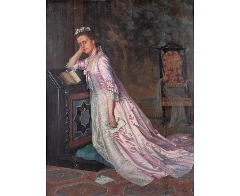 John ROBINSON (XIX) 'Kneeling lady'A painting, oil on a mahogany panel.&nbsp;Dimensions:(W:39,5 x H:51,5 cm)