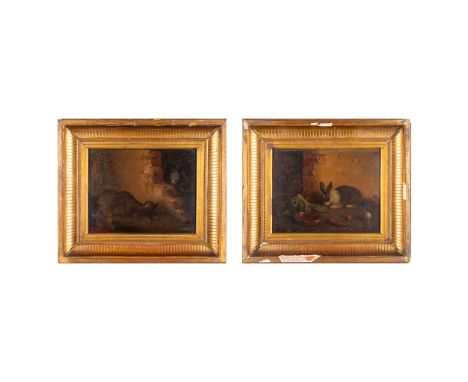 M. MAX (XIX-XX) 'Rabbit, Dog and Cat'Two pendant paintings, oil on panel.Signed and dated M.Max, (18)72.Dimensions:(W:28 x H: