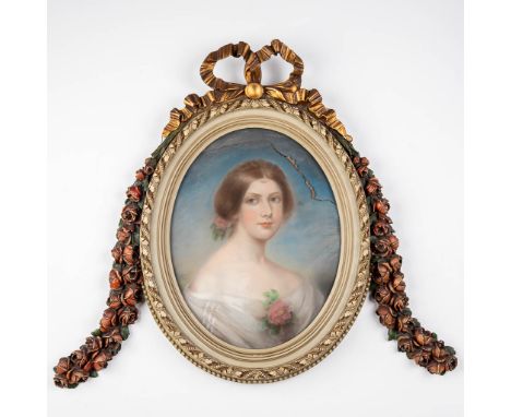 An antique frame with a portrait, wood sculptured in Louis XVI style. Portrait of a lady, gouache on paper.&nbsp;Condition: T