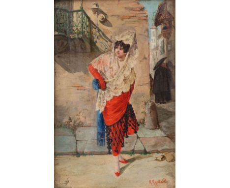 A painting 'The Waiting Lady', oil on panel.&nbsp;Dimensions:(W:17,5 x H:27 cm)