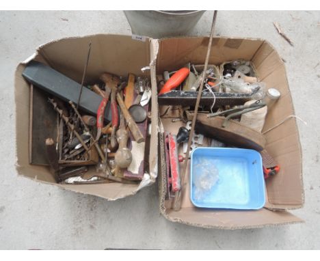Two boxes of miscellaneous tools, bulbs etc