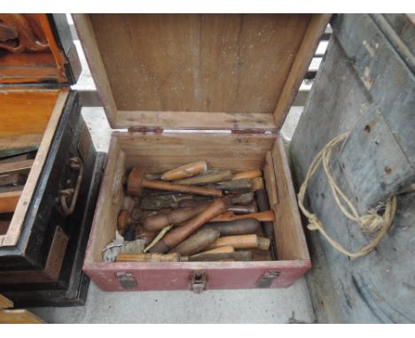 A box of vintage chisels and hand tools etc