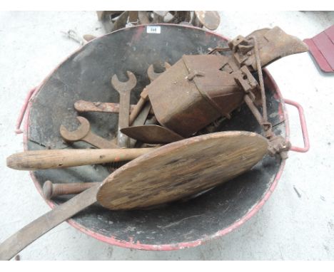 A bucket and selection of vintage tools