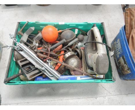 A box of miscellaneous tools including vices etc