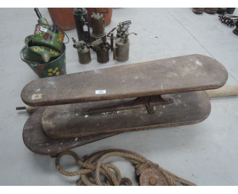 Two vintage table top ironing boards and roller