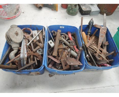 Three boxes of various tools, nuts, bolts and fittings etc