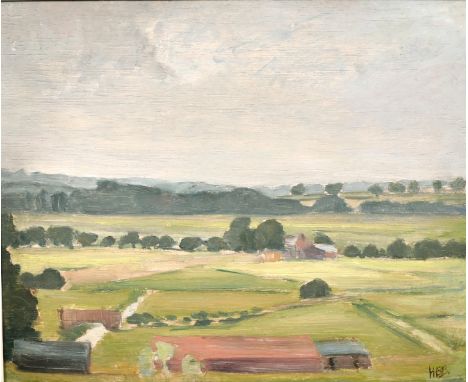 Hugh Boycott Brown (1909-1990) Farm buildings with open fields beyond, oil on panel, 8.5" x 10".