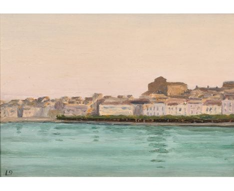 20th century, A Mediterranean port scene, oil on panel, signed with initials 'L.S.', inscribed verso, 7" x 10".