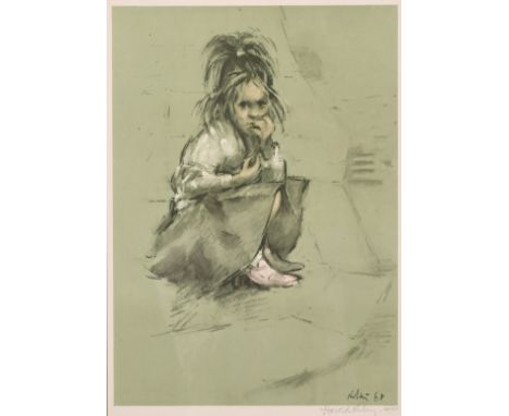 Harold Riley (b.1934) Young girl kneeling on the pavement, colour print, signed and numbered '268/500' in pencil, 14" x 10".