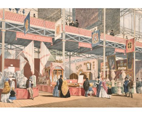 19th century, A coloured print of the great exhibition showing the stands of Guernsey and Jersey, Malta and Ceylon, 13.5" x 1